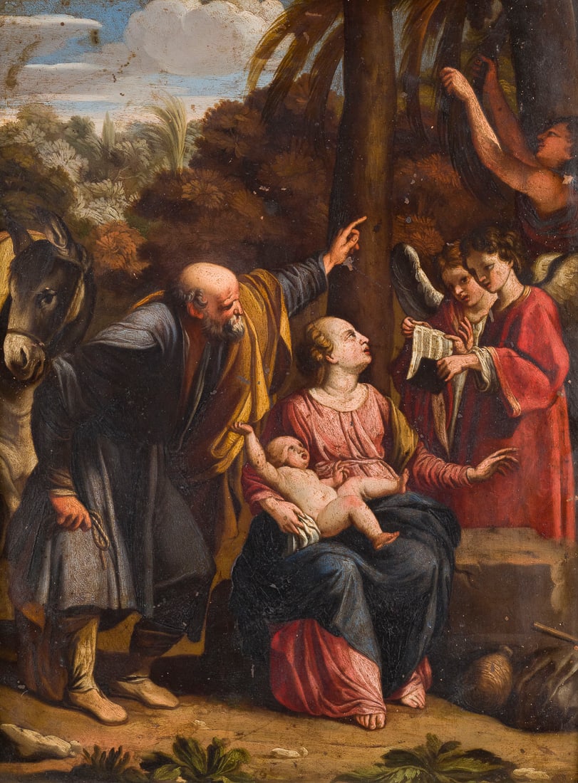 CARLO SARACENI (UMKREIS/SCHULE) | RUHE AUF DER FLUCHT NACHAeGYPTEN: CARLO SARACENI (CIRCLE/SCHOOL) 1579 Republic of Venice - 16 June 1620 Venice REST ON THE FLIGHT INTO EGYPT Oil on copper panel. 30.5 x 23 cm (F. 40.5 x 33 cm). Min. old rest., old retouching, slightly