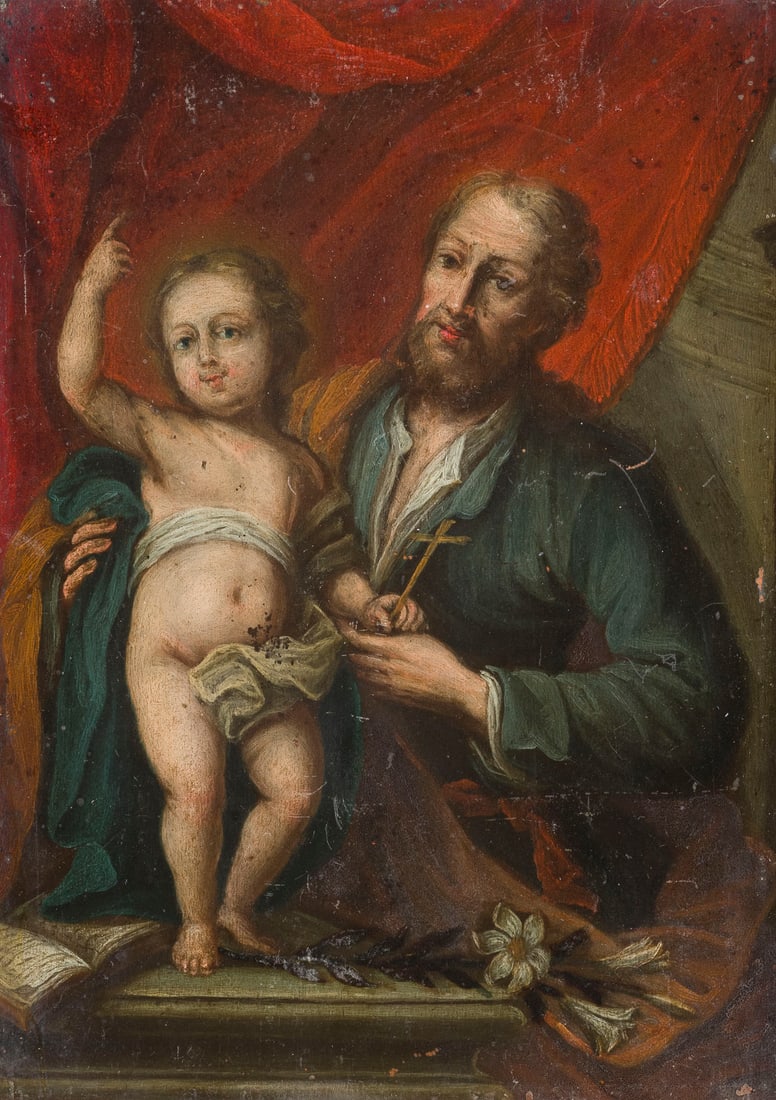 OBERITALIENISCHE SCHULE, UM 1700 | HEILIGER JOSEF MIT DEM JESUSKIND: NORTH ITALIAN SCHOOL, AROUND 1700 SAINT JOSEPH WITH THE CHRIST CHILD Oil on copper panel. 21 x 15 cm. Part. min. old rest., part. min. old retouching, light loss of paint. Frame. Provenance: Internati