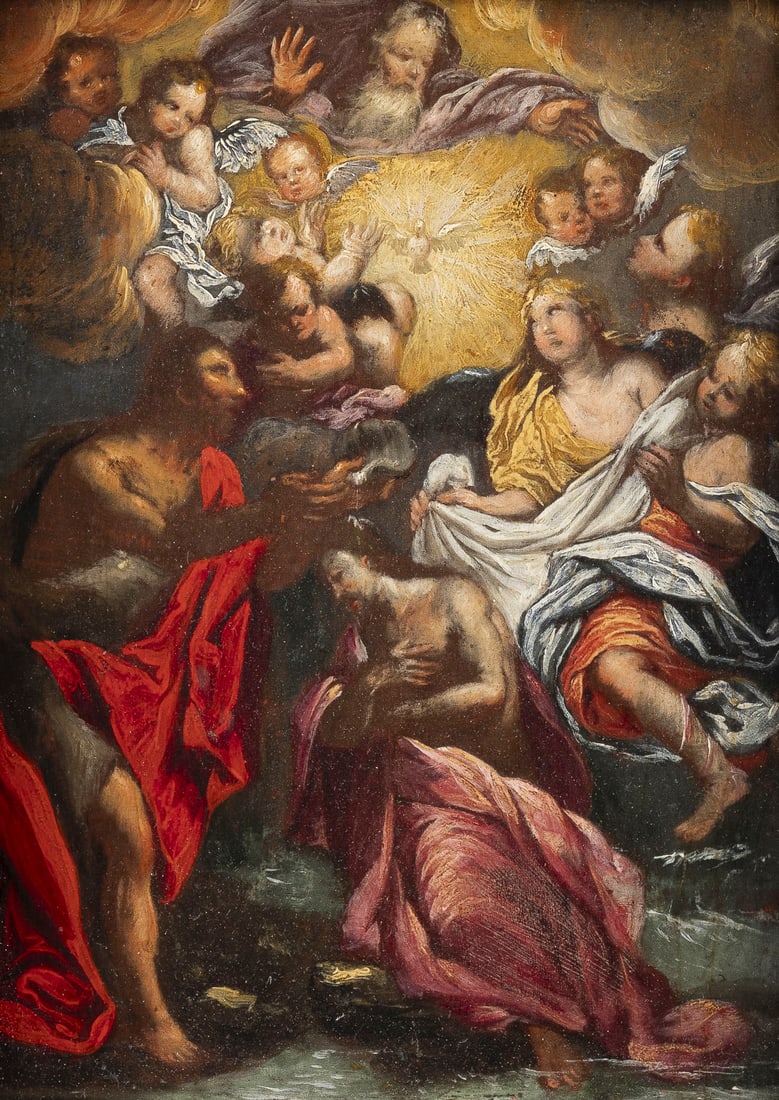 JACOB DE WIT (ATTR.) | TAUFE CHRISTI: ATTRIBUTED TO JACOB DE WIT 19. Dezember 1695 Amsterdam - 12. November 1754 Ibid BAPTISM OF CHRIST Oil on hardwood panel. 20.5 x 15 cm (F. 25.5 x 21 cm). Min. rubbed. Original 18th century frame. Prove