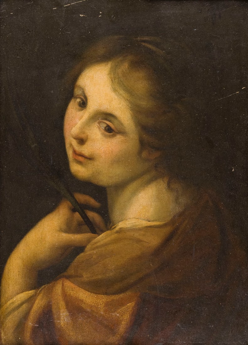 ANTONIO DA CORREGGIO (NACHFOLGER DES 17./18. JH.) | HALBFIGUR EINES MAeRTYRERS: ANTONIO DA CORREGGIO (FOLLOWER OF THE 17TH/18TH CENTURY) 1489 Correggio - 1534 ibid. HALF-LENGTH FIGURE OF A MARTYR Oil on oak panel. 47.5 x 33 cm (F. 66 x 53.5 cm). Verso: Several wax seals (unidenti