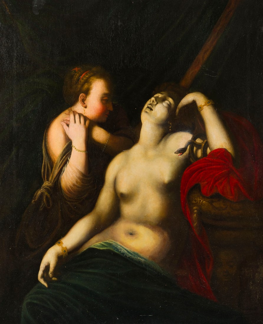 GIOVANNI BATTISTA DI JACOPO (FOLLOWER) | DIE STERBENDE KLEOPATRA: FOLLOWER OF GIOVANNI BATTISTA DI JACOPO ('Known as: Rosso Fiorentino') March 8, 1495 Florence - November 14, 1540 Paris THE DYING CLEOPATRA Oil on canvas (old relined). 115 x 94 cm (F. 128 x 108 cm). 