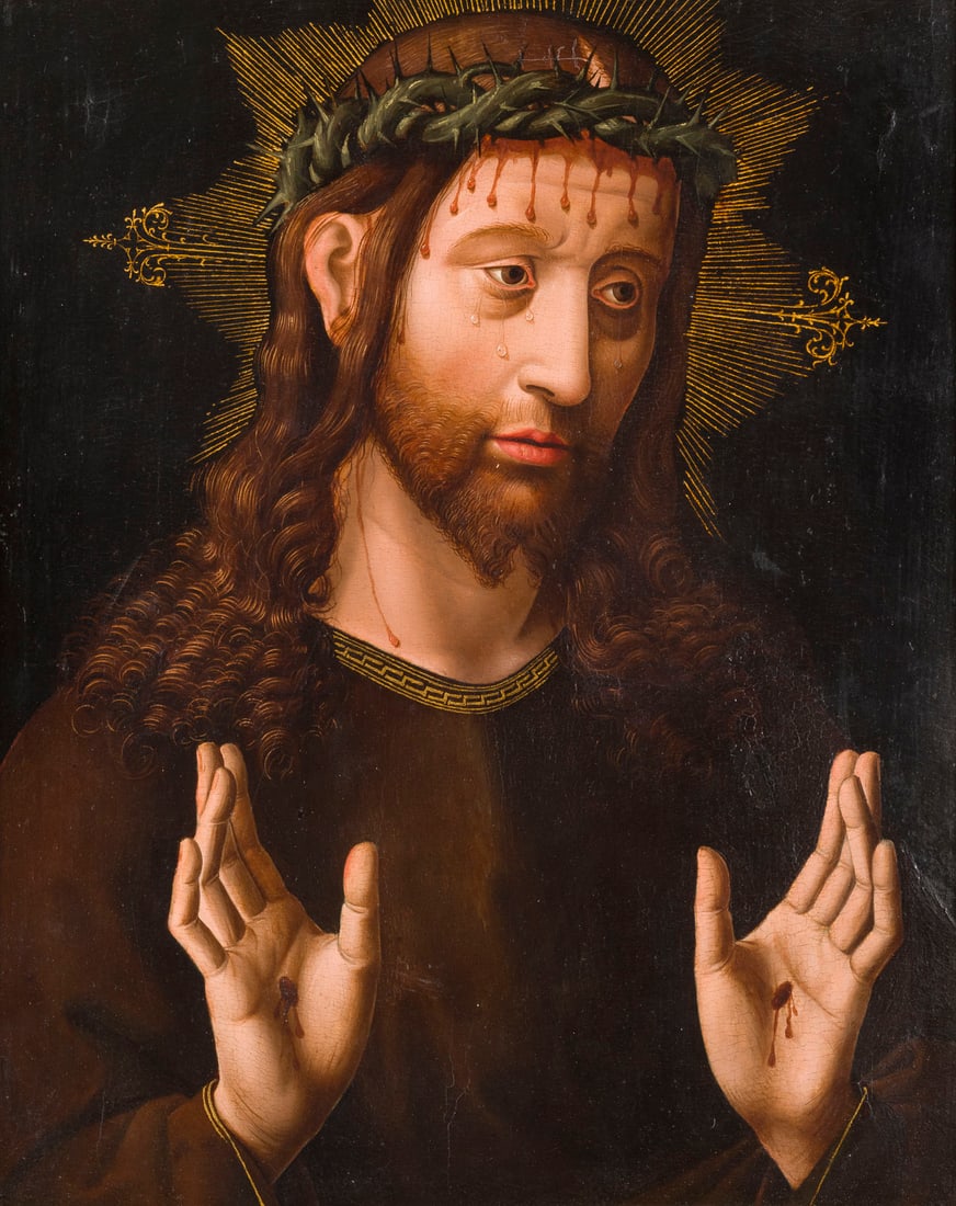 HANS MEMLING (NACHFOLGER) | SEGNENDER SCHMERZENSMANN: HANS MEMLING (FOLLOWER) c. 1433/1440 Seligenstadt - 1494 Bruges BLESSING MAN OF SORROWS Oil on panel. 51 x 41 cm (F. 59.5 x 49 cm). Part. light old rest. Frame. Provenance: Private collection, Hesse.H