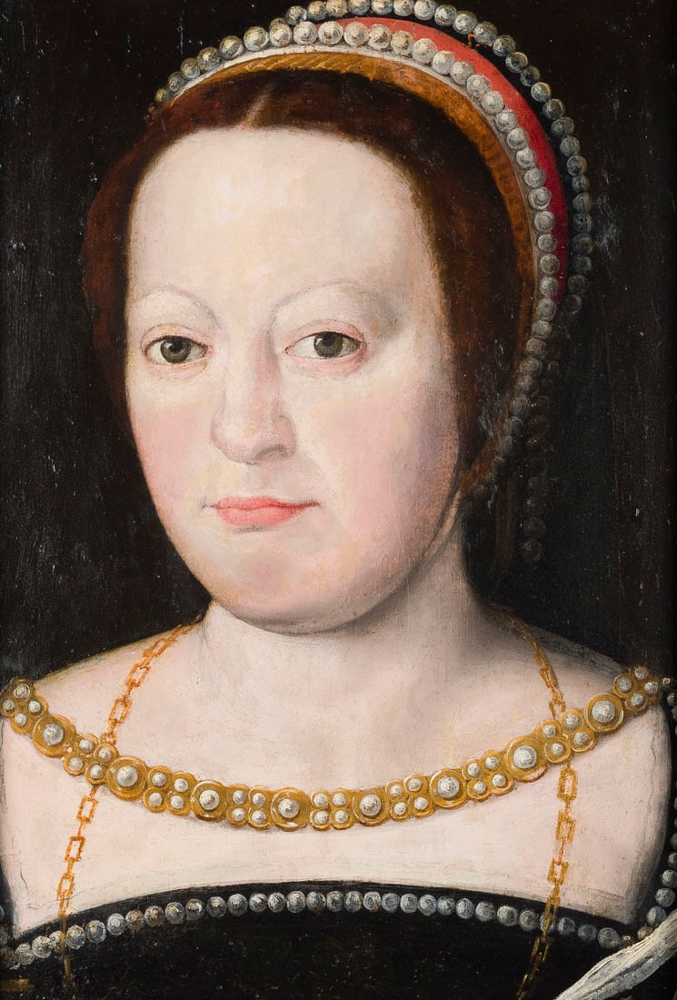 CORNEILLE DE LYON (SCHULE/UMKREIS) | CATARINA DE MEDICI: CORNEILLE DE LYON (SCHOOL/CIRCLE) 1500 The Hague - 8 November 1575 Lyon CATHERINE DE' MEDICI Oil on panel. 43 x 31 cm (F. 65.5 x 52.5 cm). Part. min. old rest., old retouching, minor loss to one corne