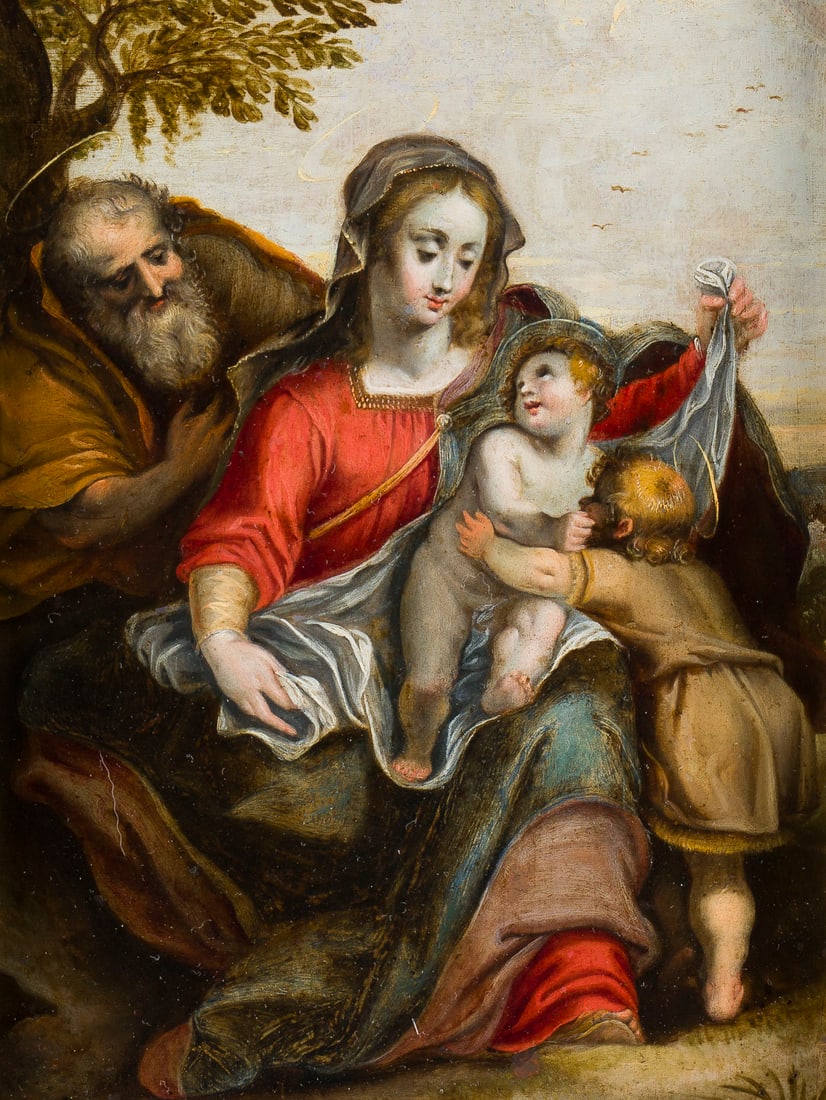 DENYS CALVAERT (ODER WERKSTATT/UMKREIS) | DIE HEILIGE FAMILIE MIT DEM JOHANNESKNABEN: WORKSHOP OR CIRCLE DENYS CALVAERT (''Also: Dionisio Fiammingo'') 1540 Antwerp - 17 March 1619 Bologna THE HOLY FAMILY WITH THE INFANT JOHN Oil on copper plate. 22 x 17 cm (F. 28 x 22.5 cm). Verso: Ext