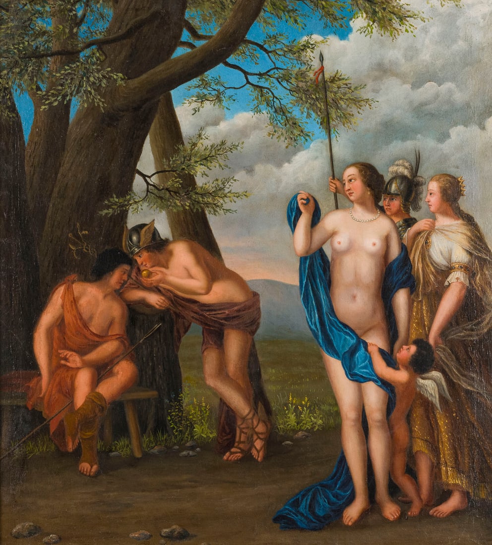 HENDRICK VAN BALEN DERAeLTERE (NACHFOLGER) | DAS URTEIL DES PARIS: HENDRICK VAN BALEN THE ELDER (FOLLOWER) 1575 Antwerp - 17 July 1632 ibid. THE JUDGEMENT OF PARIS Oil on canvas. 71.5 x 66 cm (F. 85.5 x 79.5 cm). Part. min. old rest., part. min. old retouching. Frame