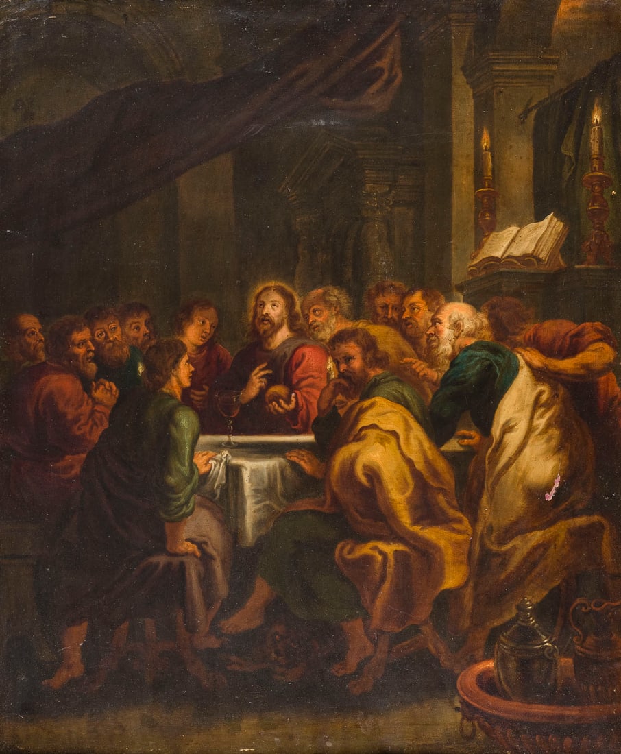 FRANS FRANCKEN DERAeLTERE (WAHRSCHEINLICH WERKSTATT) | DAS LETZTE ABENDMAHL: FRANS FRANCKEN THE ELDER (PROBABLY WORKSHOP) 1542 Antwerp - 2 October 1616 ibid. THE LAST SUPPER Oil on copper panel. 59 x 48.5 cm (F. 73 x 62.5 cm). Part. min. old rest., part. min. old retouching, m