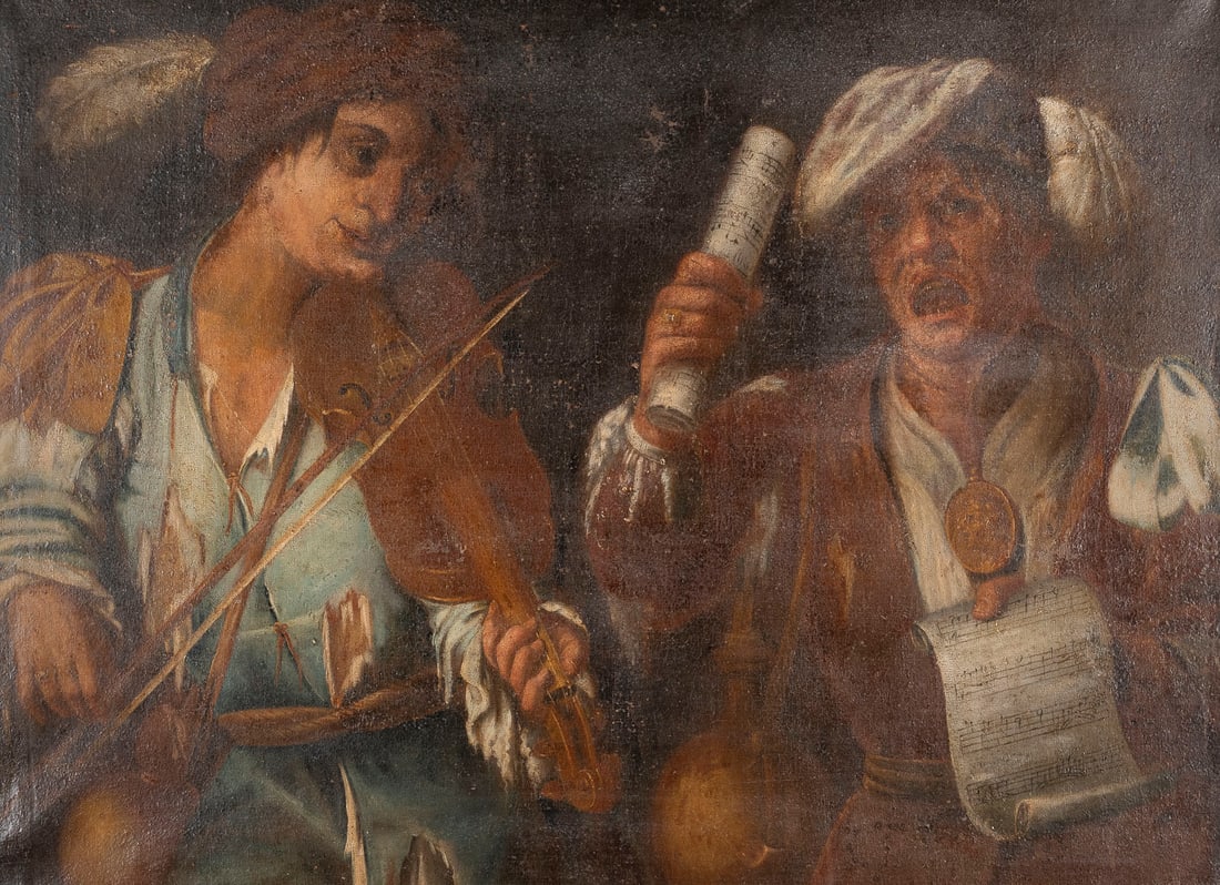 EBERHARD ODER BERNHARD KEIL (AUCH GENANNT: MONS? BERNARDO) (ODER UMKREIS) | ZWEI MUSIKANTEN IN: EBERHARD OR BERNHARD KEIL (ALSO CALLED: MONS? BERNARDO) (OR CIRCLE) 1624 Helsing?r - 1687 Rome TWO MUSICIANS IN COMEDIC COSTUME Oil on canvas. 77.5 x 104 cm (F. 102 x 129.5 cm). Part. light old rest.,