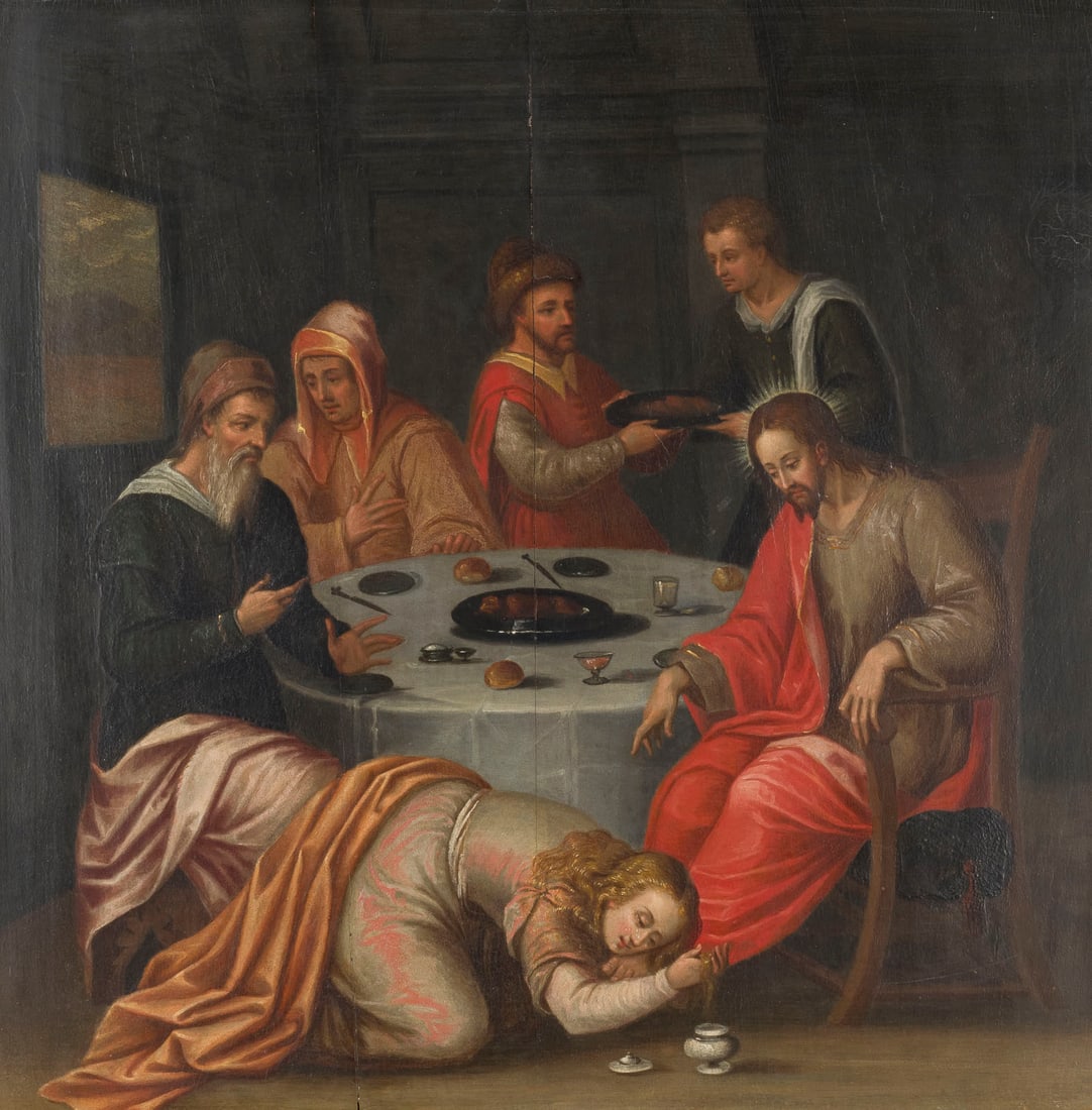 FRANS FRANCKEN DERAeLTERE (WERKSTATT) | DIE FUSSWASCHUNG UND SALBUNG CHRISTI DURCH DIE SUeNDERIN: FRANS FRANCKEN THE ELDER (WORKSHOP) 1542 Antwerp - 1616 Antwerp CHRIST WASHING AND ANOINTED BY THE SINFUL WOMAN Oil on panel (parquetted). 43 x 42 cm (F. 59 x 59 cm). Verso: old wax seals (unidentifie