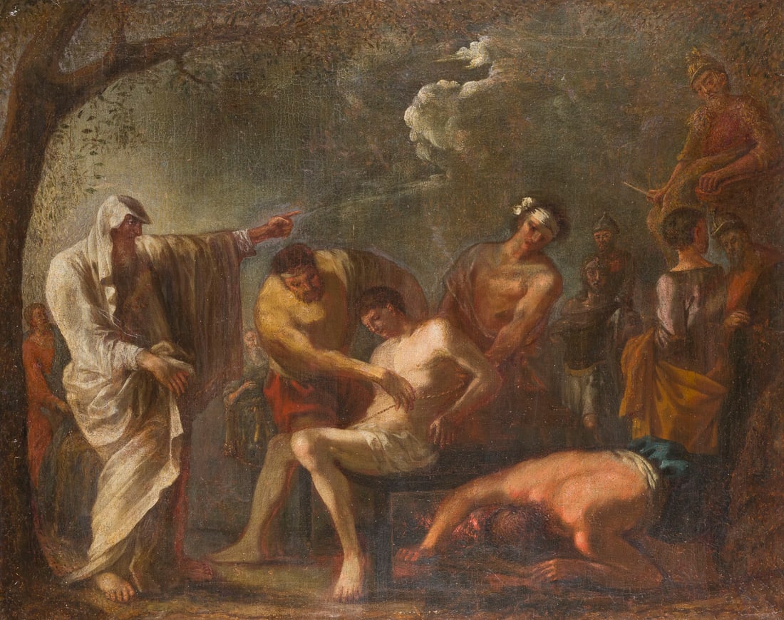 JOHANN HEINRICH SCHOeNFELD (SCHULE/NACHFOLGER) | DAS MARTYRIUM DES HEILIGEN LAURENTIUS: JOHANN HEINRICH SCHOeNFELD (SCHOOL/FOLLOWER) 23 March 1609 Biberach an der Riss - 1684 Augsburg THE MARTYRDOM OF SAINT LAWRENCE Oil on canvas (old relined). 89 x 112 cm. Part. min. old rest., min. old
