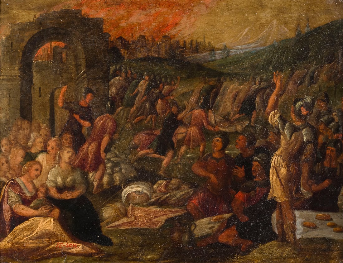 JOHANN HEINRICH SCHOeNFELD (UMKREIS) | ZERSTOeRUNG VON SODOM UND GOMORRA: JOHANN HEINRICH SCHOeNFLED (CIRCLE) THE DESTRUCTION OF SODOM AND GOMORRAH Oil on copper panel. 19 x 25 cm (F. 31.5 x 36.5 cm). Signed lower left by a later hand 'PE-Sch'. Part. min. old rest., part. m