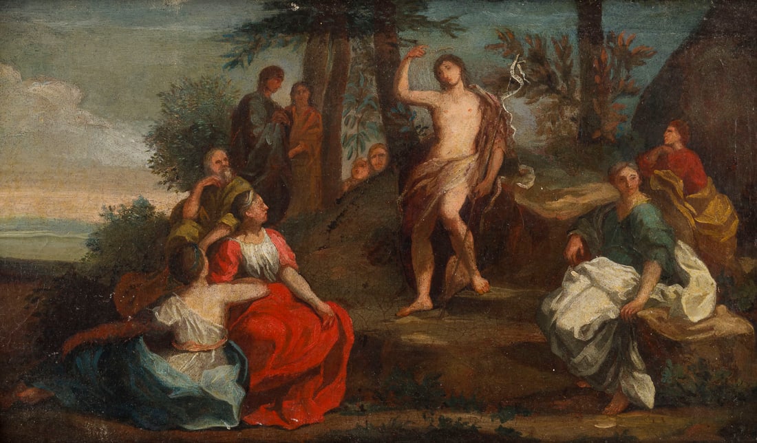 ITALIENISCHE SCHULE, UM 1700 | DIE PREDIGT JOHANNES DES TAeUFERS: ITALIAN SCHOOL, AROUND 1700 THE PREACHING OF SAINT JOHN THE BAPTIST Oil on canvas laid down on softwood panel, upper edge added. 22.5 x 41.5 cm (F. 28 x 47 cm). Part. min. old rest., old retouching. F
