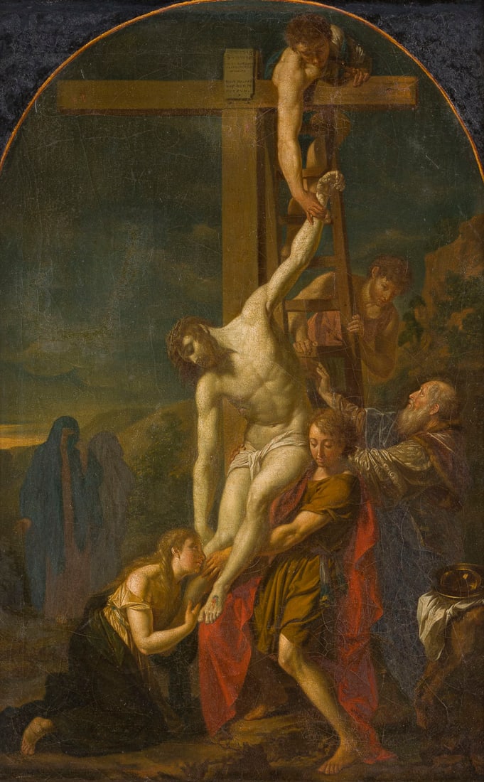 PETER PAUL RUBENS (NACHFOLGER) | DIE KREUZABNAHME: PETER PAUL RUBENS (FOLLOWER) 1577 Siegen - 1640 Antwerp THE DESCENT FROM THE CROSS Oil on canvas (relined). 62.5 x 42 cm (F. 85.5 x 61.5 cm). Min. old rest., min. old retouching. Frame. Provenance: Pr