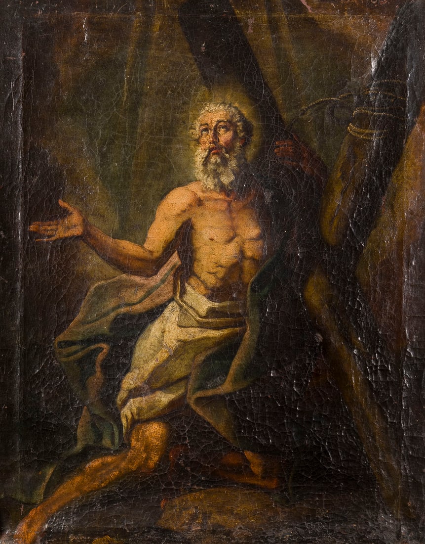 ITALIENISCHE SCHULE DES 17. JH. | HEILIGER ANDREAS: ITALIAN SCHOOL OF THE 17TH CENTURY SAINT ANDREW Oil on canvas. 66 x 52.5 cm (F. 87 x 61 cm, including applique). Min. old rest., age-related craquelure, slight frame impression, minor paint losses. Fr