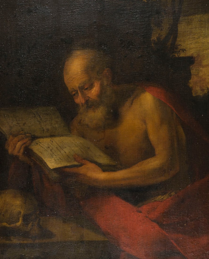 FLAMINIO TORRI (ATTR.) | DER HEILIGE HIERONYMUS: ATTRIBUTED TO FLAMINIO TORRI 19 May 1620 Bologna - 6 August 1661 Modena SAINT HIERONYMUS Oil on canvas (old relined). 100 x 82 cm (F. 121 x 101 cm). Verso: Old paper label attributing the work to Flam