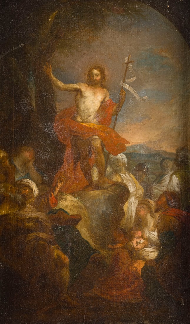SUeDDEUTSCH/ITALIENISCHE SCHULE DES FRUeHEN 18. JH. | DIE AUFERSTEHUNG CHRISTI: SOUTH-GERMAN/ITALIAN SCHOOL OF THE EARLY 18TH CENTURY THE RESURRECTION OF CHRIST Oil on canvas. 51.5 x 31 cm (F. 59 x 39.5 cm). Part. min. old rest., part. min. old retouching, slightly soiled surface