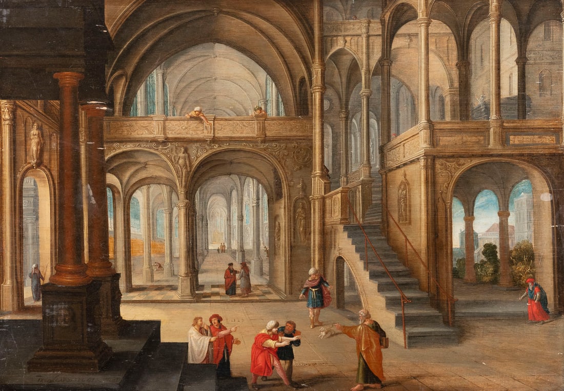 NIEDERLAeNDISCH-FLAeMISCHE SCHULE, UM 1600 | KIRCHENINTERIEUR MIT BIBELSZENE AUS DER GESCHICHTE DES (1 of 2)