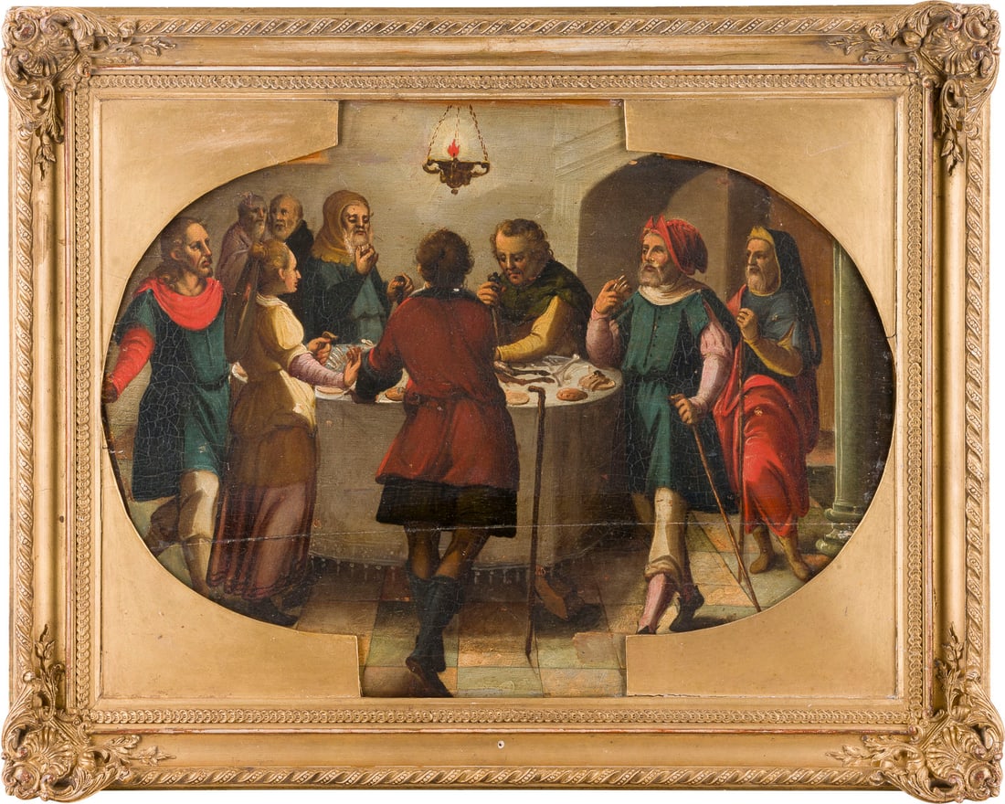 SUeDDEUTSCH/OeSTERREICHISCHE SCHULE DES 17. JH. | DAS ERSTE PASSAHFEST: SOUTH GERMAN/AUSTRIAN SCHOOL OF THE 17TH CENTURY THE FIRST PASSOVER Oil on softwood panel. 39 x 51 cm (F. 50 x 61 cm). Part. min. old rest., part. min. old retouching, horizontal crack due to tension.