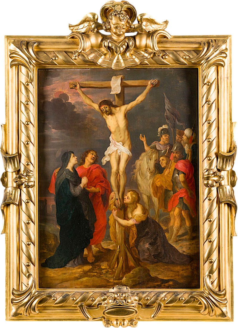 VICTOR WOLFVOET DER JUeNGERE | KREUZIGUNG CHRISTI (CALVARY): VICTOR WOLFVOET THE YOUNGER 4 May 1612 Antwerp - 23 October 1652 ibid. THE CRUCIFIXION OF CHRIST (CALVARY) Oil on oak panel (partly cradled). 57 x 41.5 cm (F. 84 x 62 cm). Part. slighty old rest., min