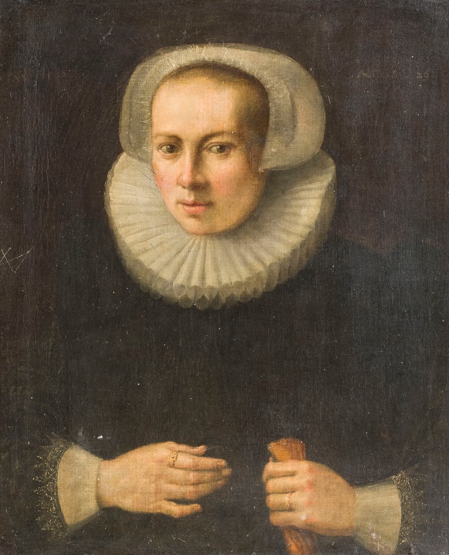 NIEDERLAeNDISCH-FLAeMISCHE SCHULE DES SPAeTEN 17. JH. | HALBFIGURENBILDNIS EINER DAME: DUTCH-FLEMISH SCHOOL OF THE LATE 17TH CENTURY HALF-LENGTH PORTRAIT OF A LADY Oil on canvas. 59 x 50.5 cm (F. 84.5 x 74 cm). Monogrammed and dated upper left and right '1597' (uninterpreted). Part. min