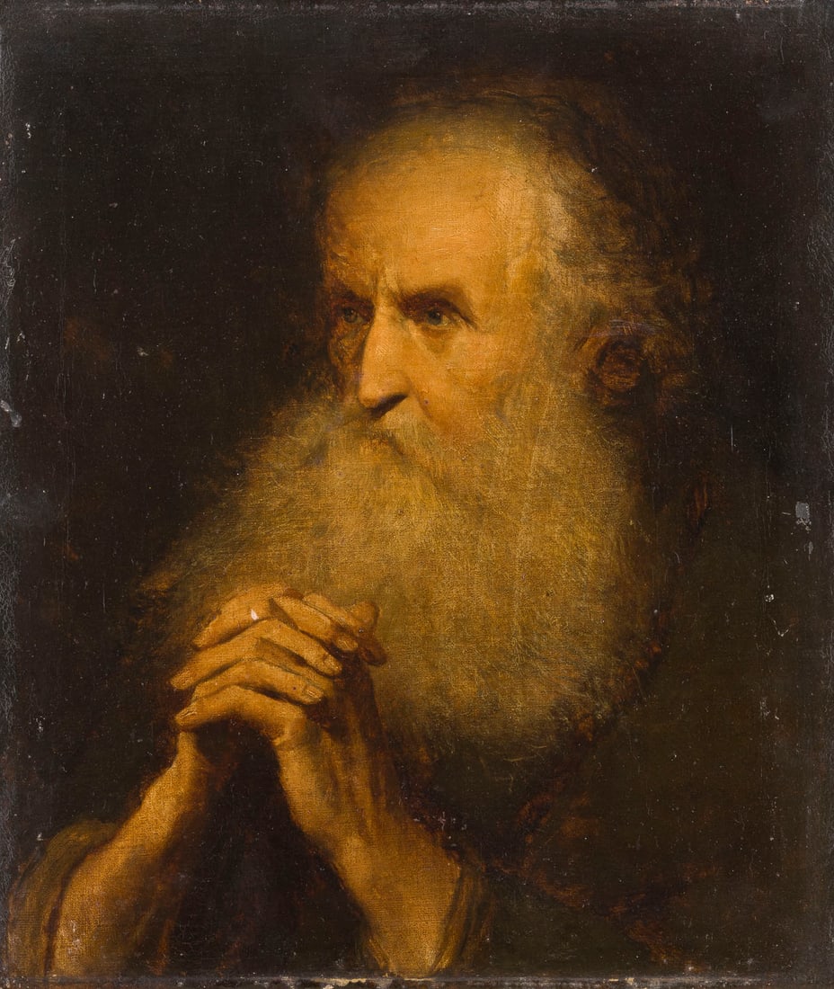 SALOMON KONICK (NACHFOLGER DES 19. JH.) | BILDNIS EINES BETENDEN BAeRTIGEN ALTEN: FOLLOWER OF SALOMON KONICK 1609 Amsterdam - 8 August 1656, ibid. PORTRAIT OF A BEARDED OLD MAN IN PRAYER Oil on canvas. 31 x 36 cm. Some minor wear. Provenance: Private collection in the Rhineland.SAL