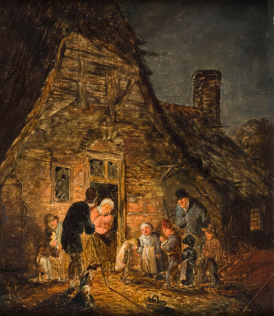 ISAAC VAN OSTADE (UMKREIS/SCHULE) | BETTELNDE KINDER MIT EINEM ROMMELPOTSPIELER VOR DER TUeR EINES: ISAAC VAN OSTADE (CIRCLE/SCHOOL) 1621 Haarlem - 1649 ibid. BEGGING CHILDREN WITH A HURDY-GURDY PLAYER IN FRONT OF A FARMHOUSE Oil on oak panel. 21 x 17.5 cm (F. 33.5 x 30.5 cm). Part. min. old rest., 