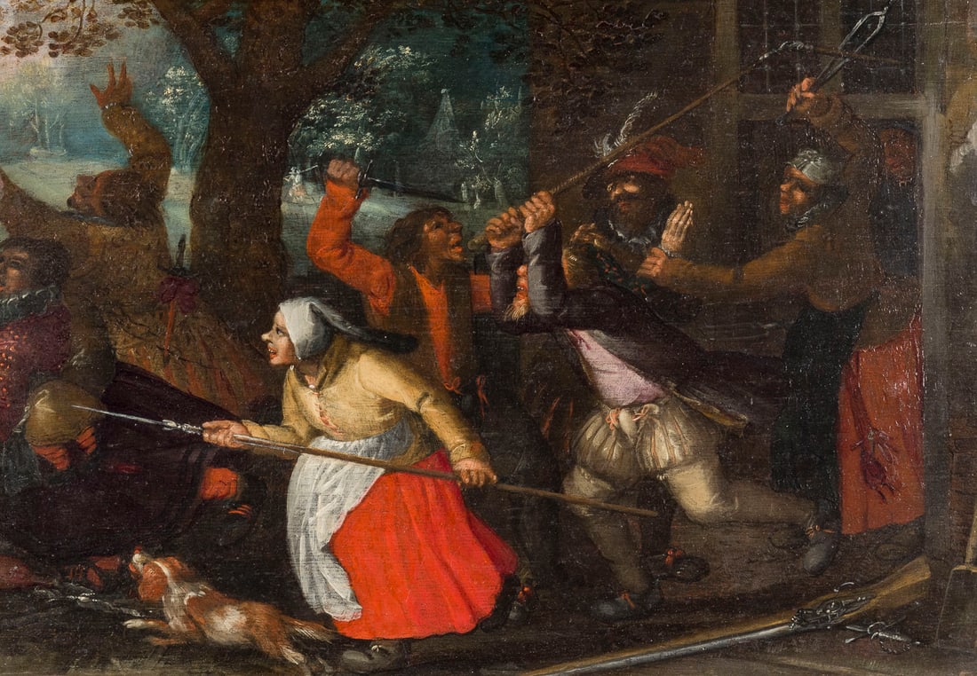 DAVID VINCKBOONS (ODER WERKSTATT) | DAS UNGLUeCK DER BAUERN: DAVID VINCKBOONS (OR WORKSHOP) (ALSO: VINGBOONS, VINGHBOONS, VINCKEBOINS OR VINCKBOOM Baptised 1576 Mechelen - around 1632 Amsterdam THE MISFORTUNE OF THE PEASANTS Oil on oak panel. 25.5 x 34.5 cm (F.