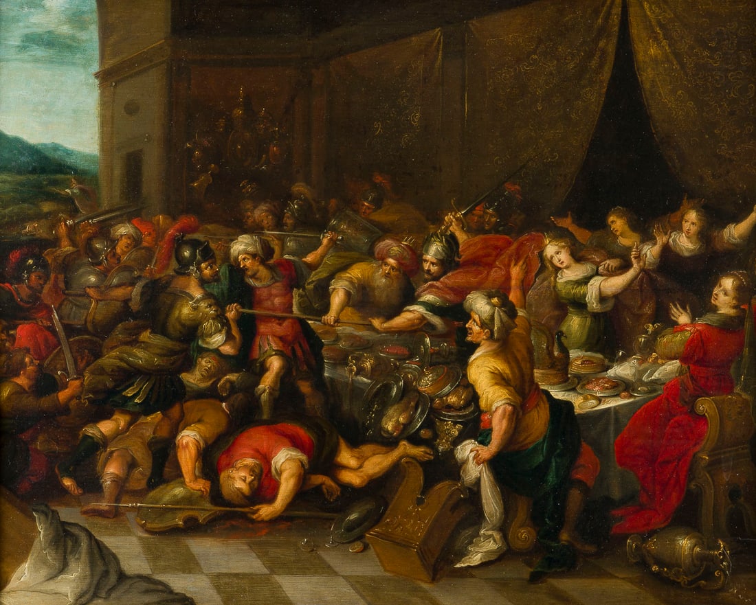 FRANS FRANCKEN DER JUeNGERE ODER WERKSTATT | PHINEUS STOeRT DIE HOCHZEIT VON PERSEUS UND ANDROMEDA: FRANS FRANCKEN THE YOUNGER OR WORKSHOP 1581 Antwerp - 1642 ibid. PHINEUS DISRUPTING THE WEDDING OF PERSEUS AND ANDROMEDA Oil on oak panel (cradled). 46 x 57 cm (F. 65.5 x 76 cm). Part. old rest., part