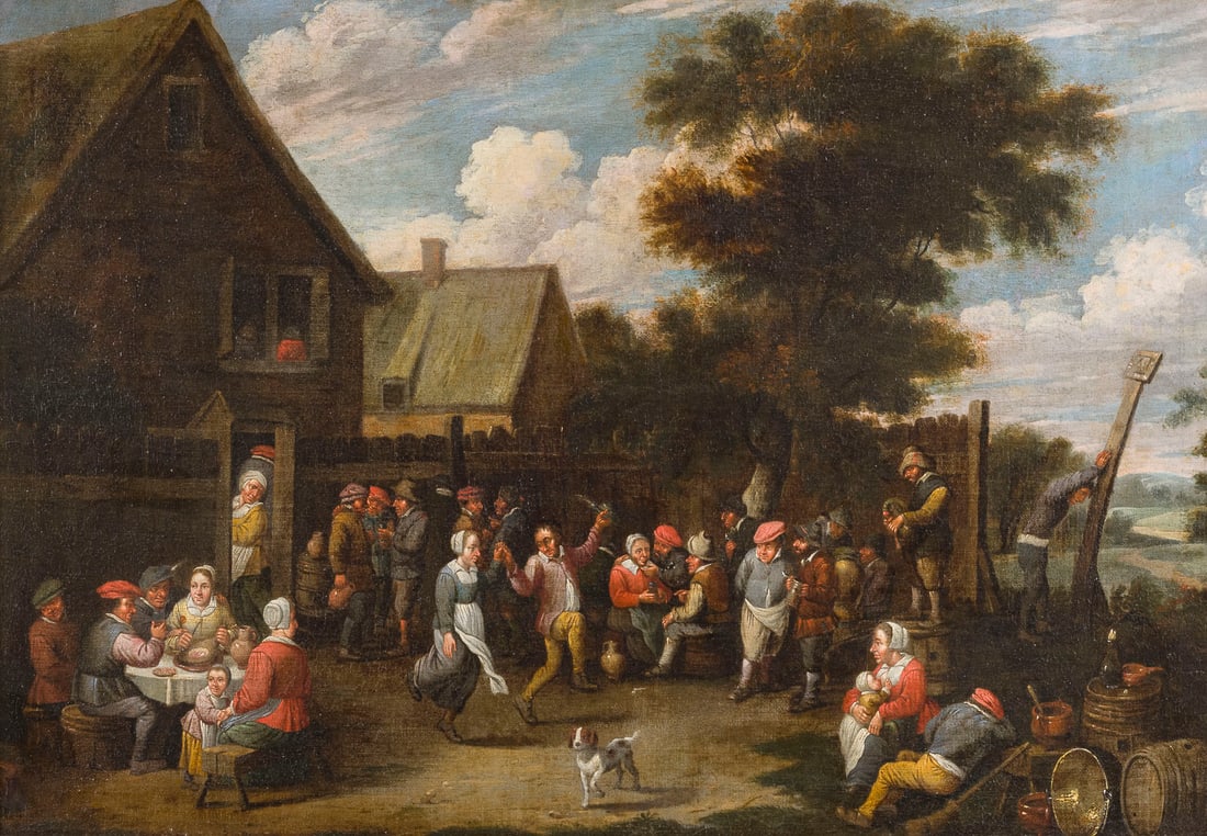 DAVID TENIERS DER JUeNGERE (WERKSTATT) | DIE BAUERNHOCHZEIT: DAVID TENIERS THE YOUNGER (STUDIO) 1610 Antwerp - 1690 Brussels THE PEASANT WEDDING Oil on canvas (relined). 58 x 83 cm (F. 69 x 95 cm). Part. old rest., old retouching. Frame. Provenance: Private col