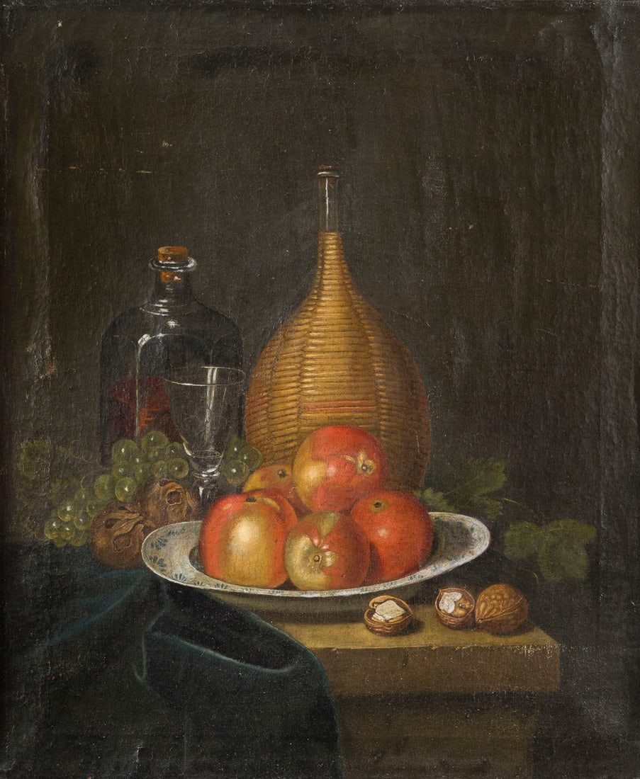 LUIS EUGENIO MELENDEZ (WAHRSCHEINLICH NACHFOLGER) | FRUeCHTESTILLLEBEN MIT WEINFLASCHE, GLAS UND (1 of 3)