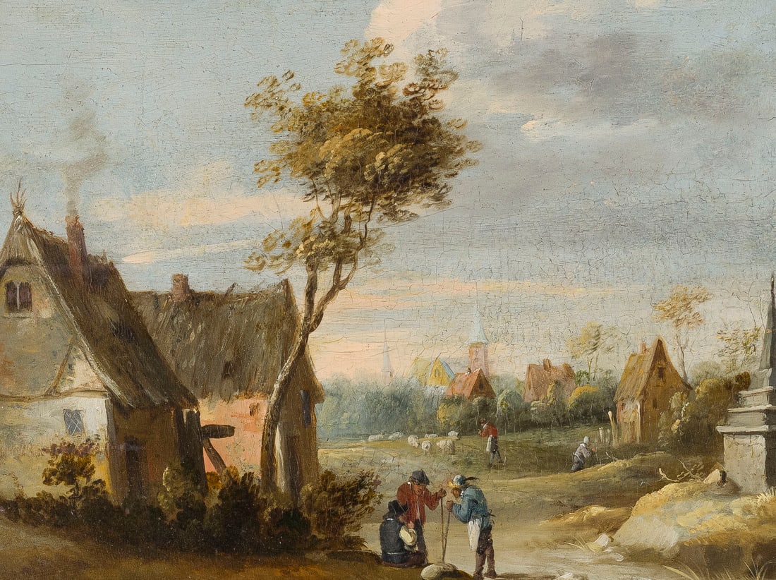 DAVID TENIERS DER JUeNGERE (SCHULE/UMKREIS) | BAUERN IM GESPRAeCH VOR ANGRENZENDEM GEHOeFT: DAVID TENIERS THE YOUNGER (WORKSHOP/CIRCLE) 15 December 1610 Antwerp - 15 April 1690 Brussels PEASANTS IN CONVERSATION IN FRONT OF A NEARBY FARMSTEAD Oil on oak panel (cradled). 24.5 x 30 cm (F. 49 x 