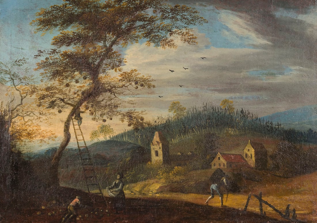 NIEDERLAeNDISCHE SCHULE DES SPAeTEN 18. JH. | LANDSCHAFT MIT BAUERNSZENE UND DORFANSICHT: DUTCH SCHOOL OF THE LATE 18TH CENTURY LANDSCAPE WITH PEASANT SCENE AND VIEW OF A VILLAGE Oil on canvas (relined). 40.5 x 58.5 cm (F. 54 x 70.5 cm). Part. min. old rest., part. min. old retouching. Fra