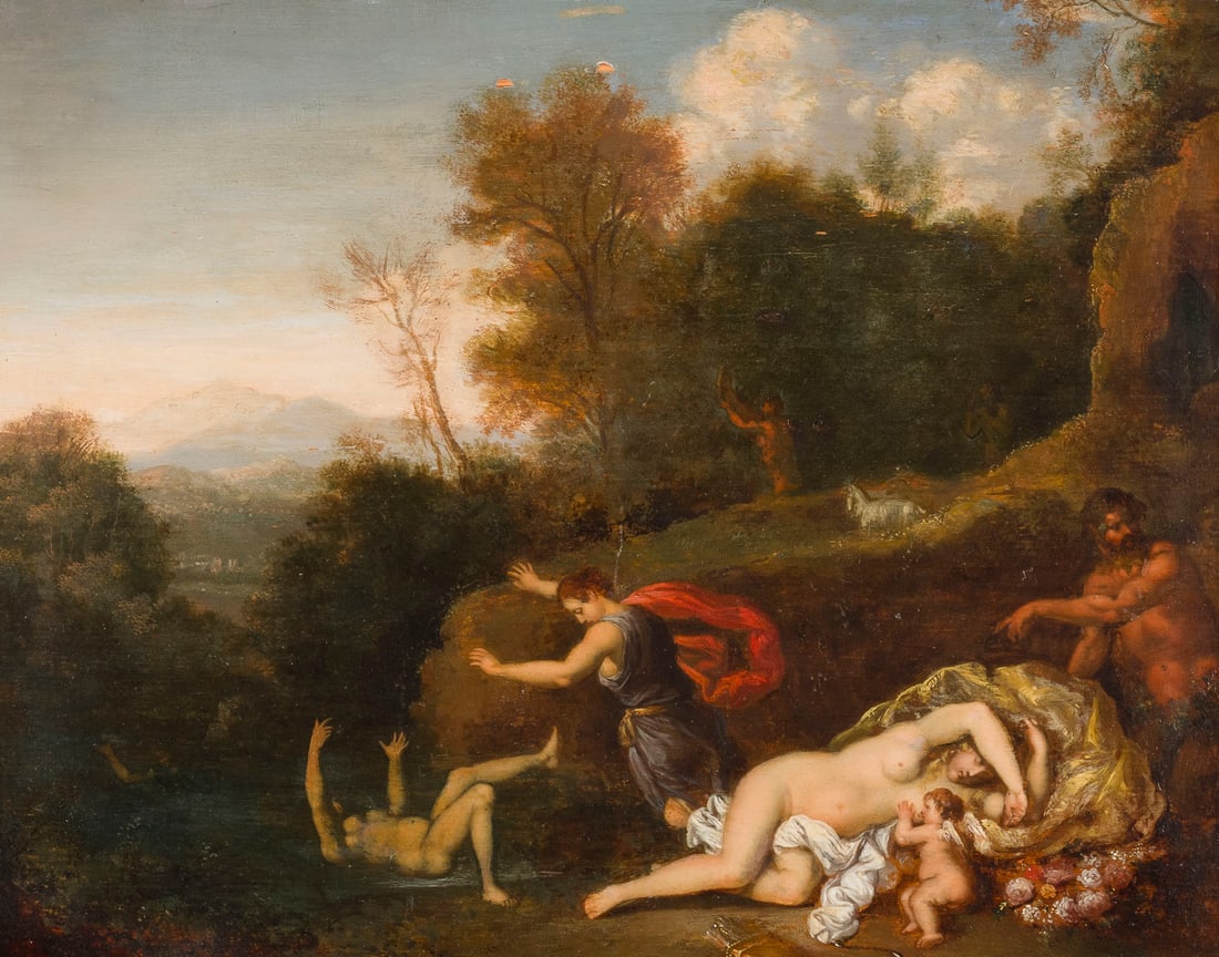 CORNELIS VAN POELENBURGH (UMKREIS) | VON SATYRNUeBERRASCHTE SCHLAFENDE VENUS MIT AMOR AM FLUSSUFER: ATTRIBUTED TO CORNELIS VAN POELENBURGH 1594/95 Utrecht - 12 August 1667 ibid. SLEEPING VENUS WITH CUPID ON A RIVERBANK SURPRISED BY SATYRS Oil on oak panel. 23 x 30 cm (F. 41 x 47.5 cm). Part. min. ol