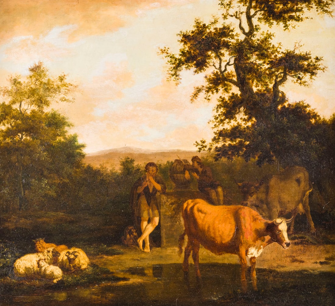DIRCK VAN BERGEN (ATTR.) | PASTORALE LANDSCHAFT MIT FOeTESPIELENDEM HIRTEN BEI DER RAST: ATTRIBUTED TO DIRCK VAN BERGEN 1645 Haarlem - ? ibid. PASTORAL LANDSCAPE WITH A SHEPHERD PLAYING THE FLUTE AT REST Oil on oak panel. 44 x 48 cm (F. 59 x 63 cm). Lower left inscribed by a later hand ''