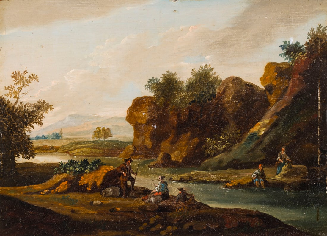 SUeDDEUTSCHE SCHULE, UM 1700 | SUeDLAeNDISCHE FLUSSLANDSCHAFT MIT FIGURENSTAFFAGE (1 of 3)