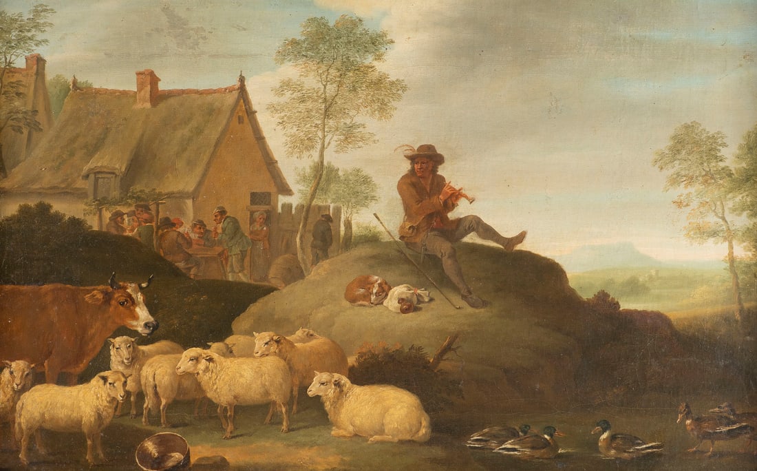 DAVID TENIERS DER JUeNGERE (WERKSTATT/SCHULE) | MUSIZIERENDER HIRTE MIT VIEH VOR BAUERNSTUBE (1 of 3)