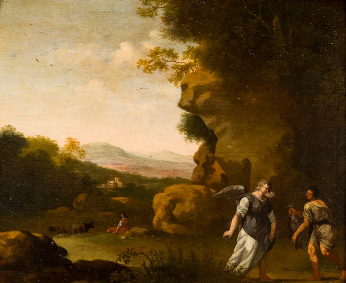 CORNELIS VAN POELENBURGH (UMKREIS) | TOBIAS UND DER ENGEL RAPHAEL: CORNELIS VAN POELENBURGH (CIRCLE) 1594/95 Utrecht - 12 August 1667 ibid. TOBIAS AND THE ANGEL RAPHAEL Oil on oak panel. 28.5 x 35 cm (F. 41 x 47.5 cm). Verso: Old wax seal. Part. slight old rest., par
