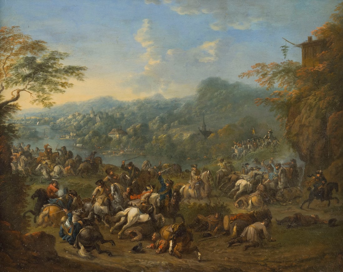 JACQUES COURTOIS (ATTR.) | SCHLACHTENSZENE: ATTRIBUTED TO JACQUES COURTOIS 1621 Saint-Hippolyte (Franche-Comte) - 1676 Rome BATTLE SCENE Oil on panel. 25 x 33 cm (F. 33.5 x 41 cm). Part. min. old rest., part. min. old retouching. Frame. Provena