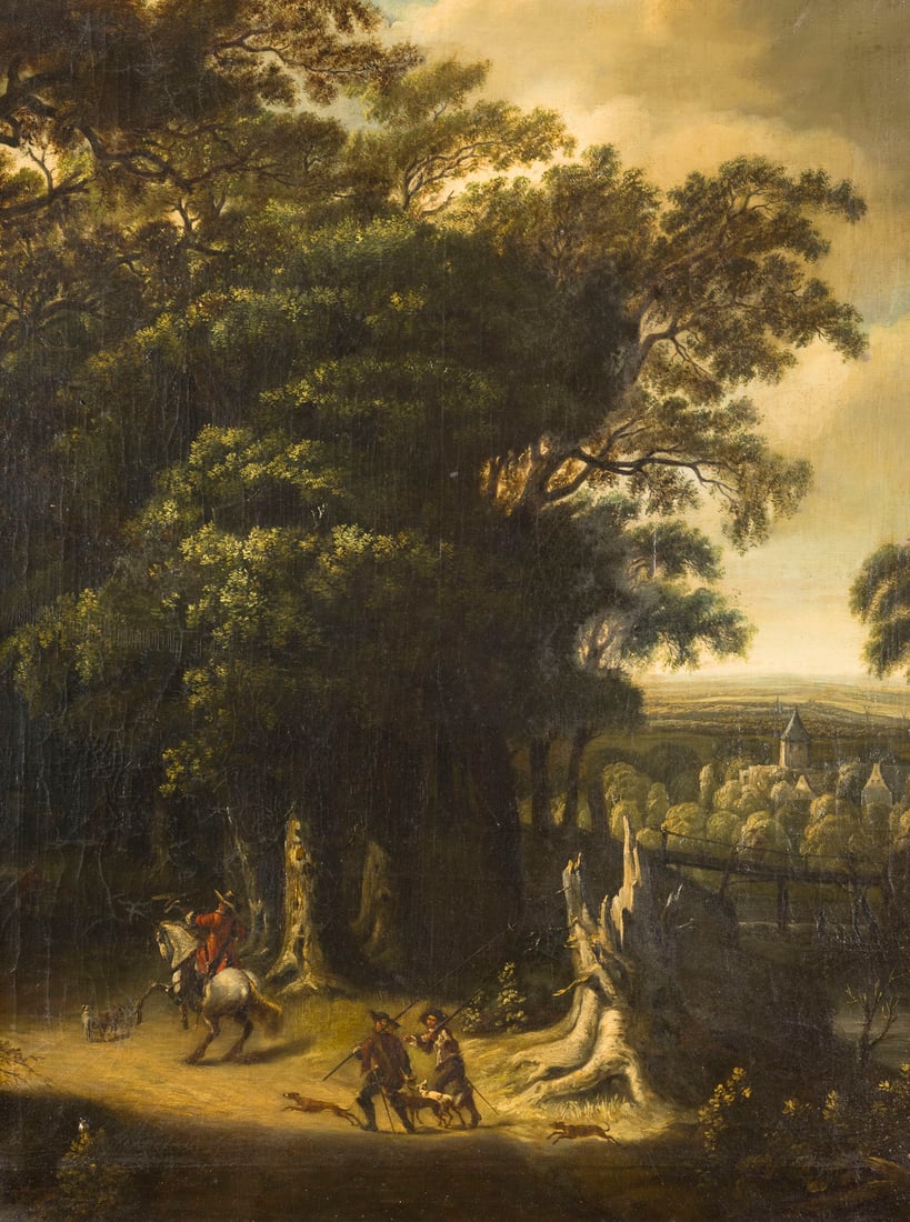 FLAeMISCHE SCHULE IM STILE DES 17. JH. | LANDSCHAFT MIT JAeGERN AM WALDRAND: FLEMISH SCHOOL IN THE STYLE OF THE 17TH CENTURY LANDSCAPE WITH HUNTERS AT THE EDGE OF A WOOD Oil on canvas. 80 x 61 cm (F. 88.5 x 69 cm). Part. min. old rest., part. min. old retouching. Frame. Proven