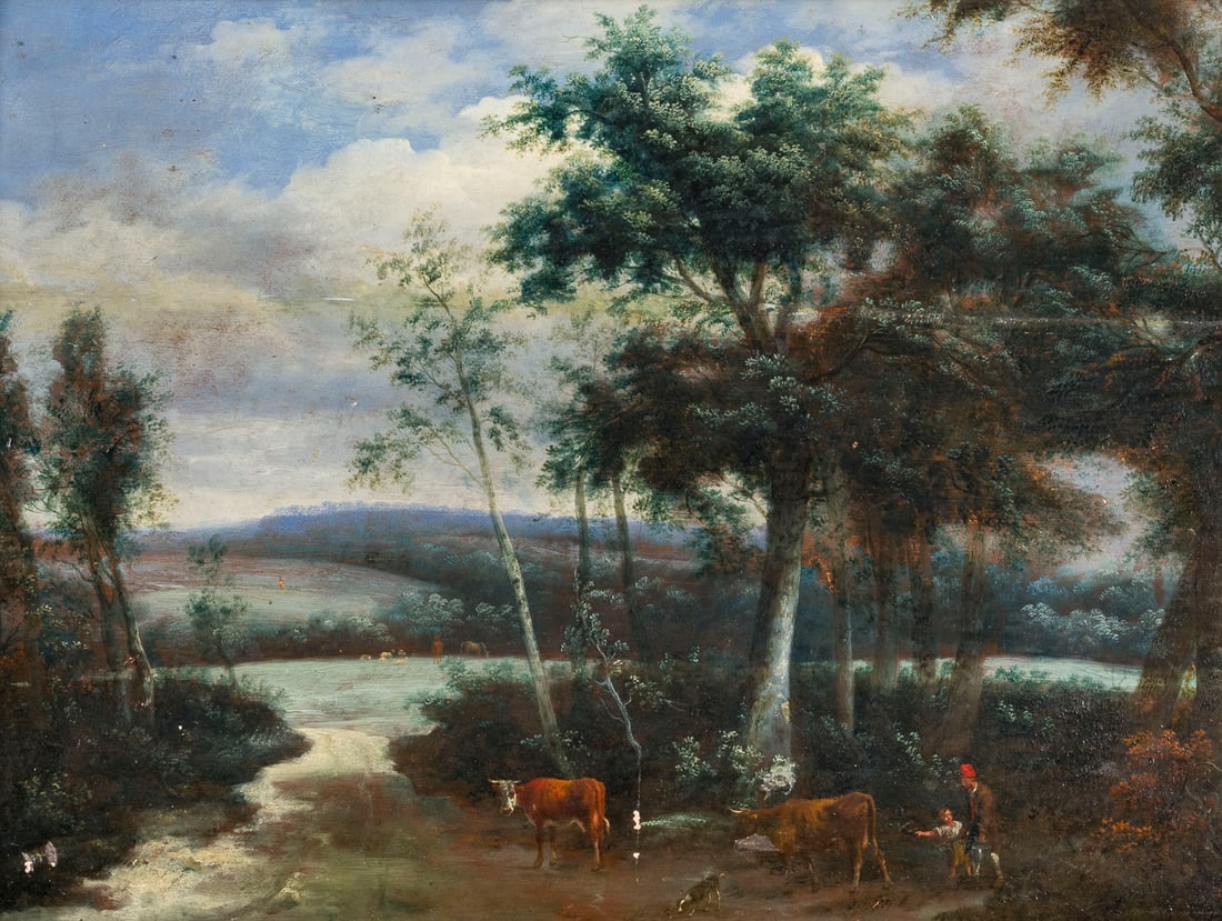 FLAeMISCHE SCHULE DES 18. JH. | FLUSSLANDSCHAFT MIT HIRTEN UND VIEH: FLEMISH SCHOOL OF THE 18TH CENTURY RIVER LANDSCAPE WITH SHEPHERDS AND CATTLE Oil on oak panel (cradled). 45 x 61 cm (F. 60.5 x 75 cm). Signed lower left by a later hand (illegible). Part. old rest., p