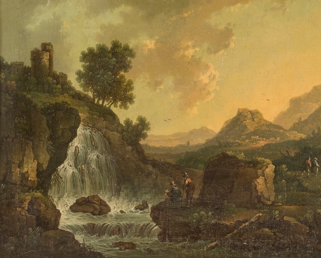 PETER VON BEMMEL (ATTR.) | LANDSCHAFT MIT WASSERFALL UND FIGURENSTAFFAGE: ATTRIBUTED TO PETER VON BEMMEL 18 August 1686 Nuremberg - 22 October 1754 Regensburg LANDSCAPE WITH WATERFALL AND FIGURES Oil on canvas (old relined). 39.5 x 50.5 cm (F. 62 x 71 cm). Min. old rest., m