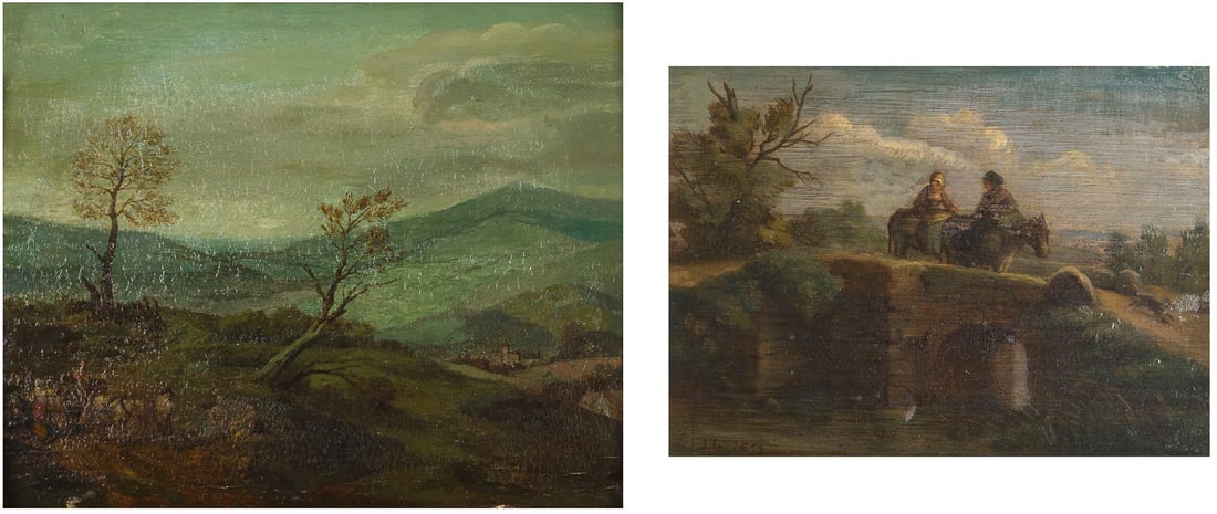 FLAeMISCHER MONOGRAMMIST 'I.L.' / FLAeMISCHE SCHULE DES 17. JH. | EIN PAAR GEMAeLDE: LANDSCHAFT MIT: FLEMISH MONOGRAMMIST 'I.L.' / FLEMISH SCHOOL OF THE 17TH CENTURY A PAIR OF PAINTINGS: LANDSCAPES WITH PEASANTS AND CATTLE Both: Oil on oak panel. 15.5 x 22 cm (F. 26.5 x 33 cm); 19 x 25 cm (F. 28.5 x 