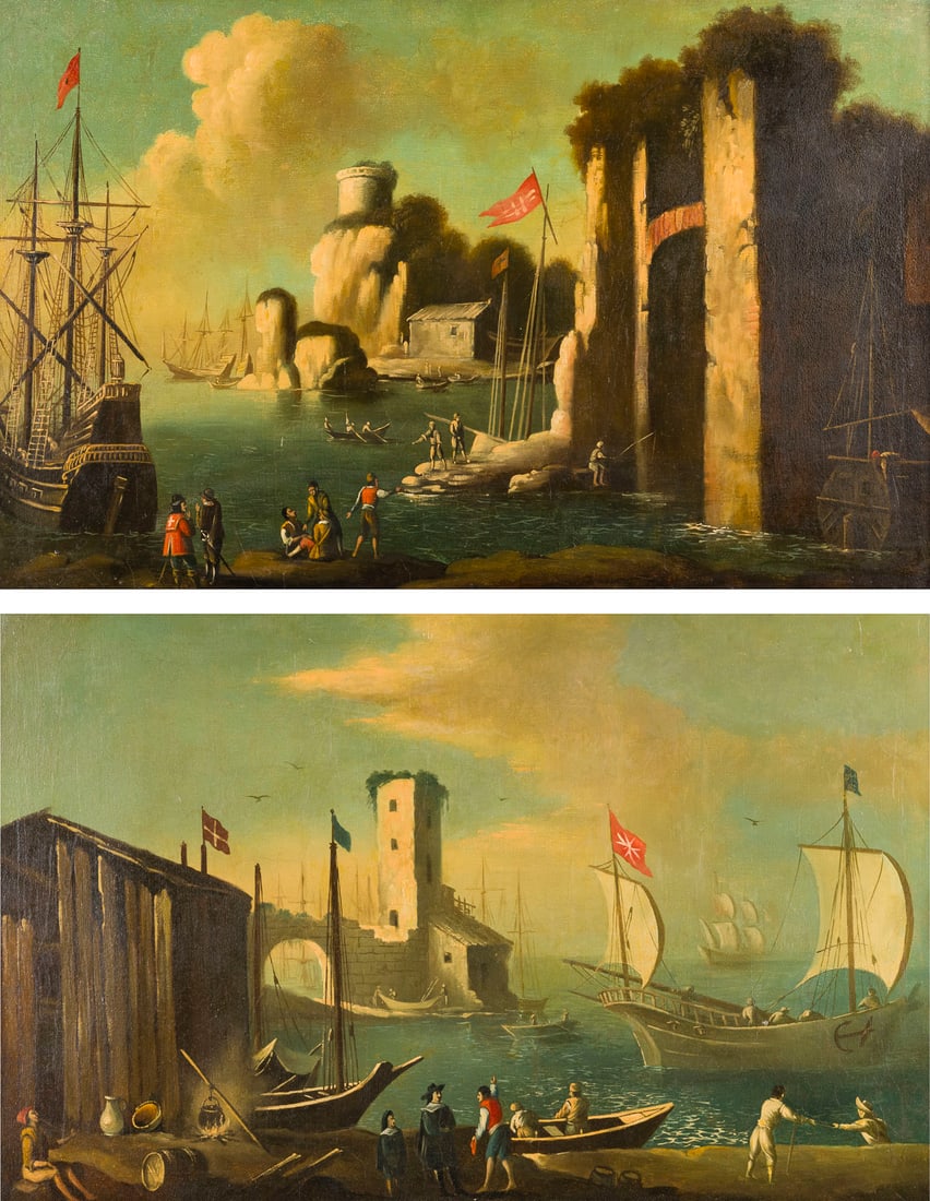 ITALO-FLAeMISCHE SCHULE, UM 1700 | EIN PAAR GEMAeLDE: HAFENANSICHT MIT FESTUNGSARCHITEKTUR UND: ITALO-FLEMISH SCHOOL, AROUND 1700 A PAIR OF PAINTINGS: HARBOUR VIEWS WITH FORTIFIED ARCHITECTURE AND FIGURES Oil on canvas (relined). Each: 53 x 83 cm (F. 64.5 x 94.5 cm). Part. min. old rest., part. 
