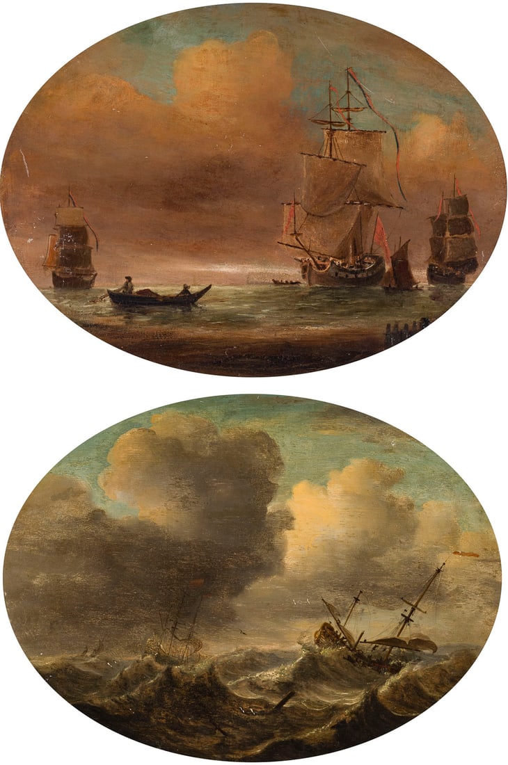 NIEDERLAeNDISCHE SCHULE DES 18. JH. | EIN PAAR GEMAeLDE: MARITIME SZENEN: DUTCH SCHOOL OF THE 18TH CENTURY A PAIR OF PAINTINGS: MARITIME SCENES Oil on oak panel. 36 x 49 cm. Part. min. old rest., part. min. old retouching. Provenance: Private collection, North Rhine-Westpha
