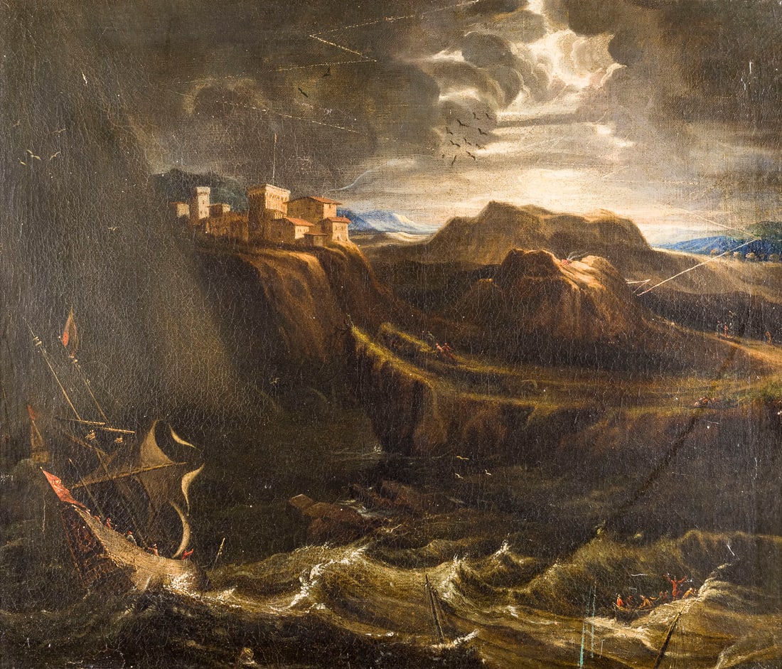 PIETER MULIER D. J. (ATTR.) | STUeRMISCHE KUeSTENLANDSCHAFT MIT SCHIFFBRUCH: ATTRIBUTED TO PIETER MULIER THE YOUNGER around 1637 Haarlem - 1701 Milan STORMY COASTAL LANDSCAPE WITH SHIPWRECK Oil on canvas (relined). 54 x 64 cm (F. 63.5 x 73 cm). Part. min. old rest., part. min.