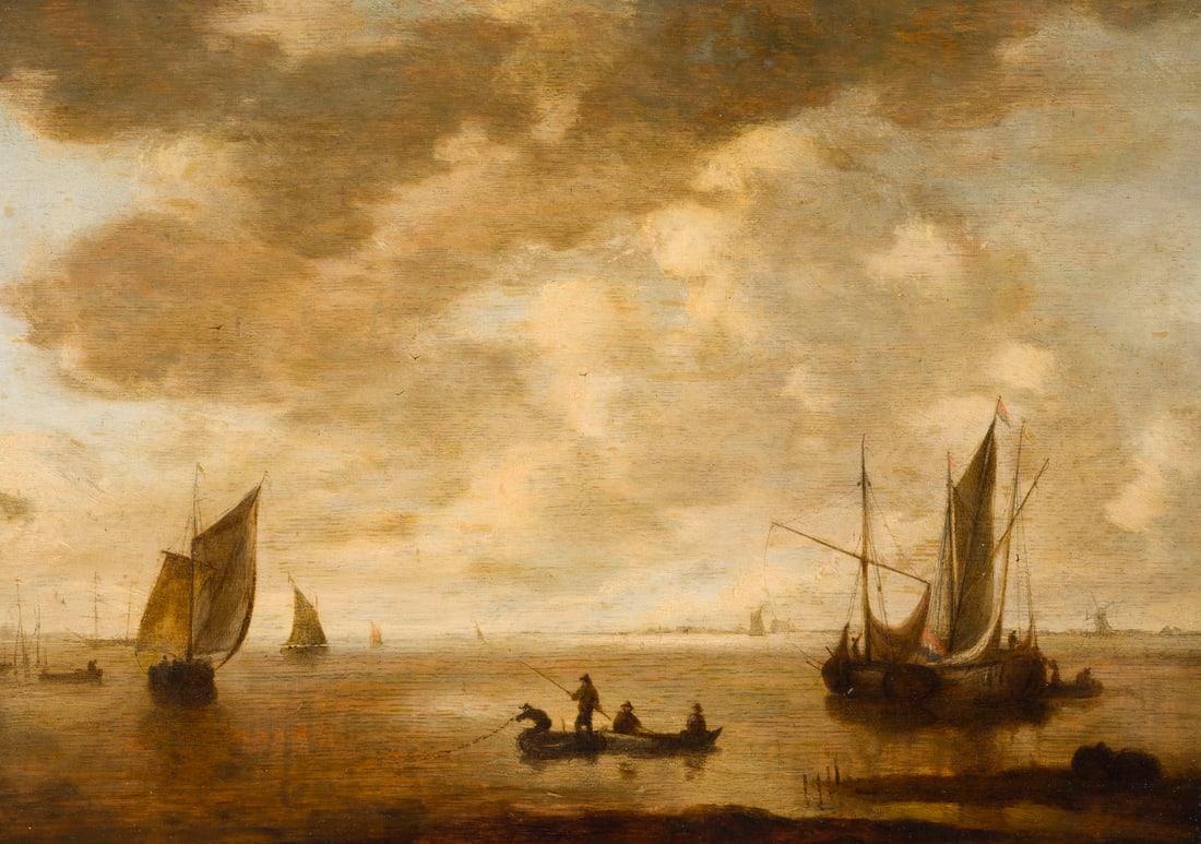 WILLEM HERMANNSZ. VAN DIEST (UMKREIS / SCHULE) | FLUSSLANDSCHAFT SEGELBOOTEN UND FISCHERN: WILLEM HERMANNSZ. VAN DIEST (CIRCLE / SCHOOL) The Hague 1610 - 1670 ibid. RIVER LANDSCAPE WITH SAILING BOATS AND FISHERMEN Oil on oak panel. 35 x 49 cm (F. 53.5 x 67 cm). Verso: Old inventory number '