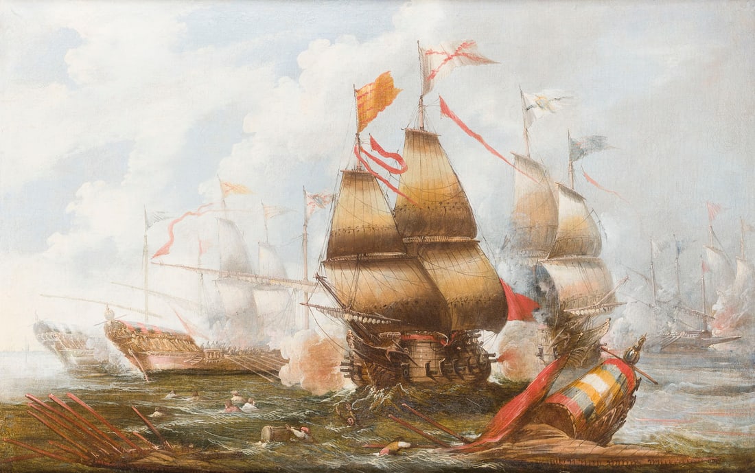 CORNELIS DE WAEL (ATTR.) | SEESCHLACHT: ATTRIBUTED TO CORNELIS DE WAEL 1592 Antwerp - 1667 Rome NAVAL BATTLE Oil on canvas (old relined). 94 x 145 cm (F. 129 x 179.5 cm). Part. min. old rest., old retouching, craquelure. Frame. Provenance: 