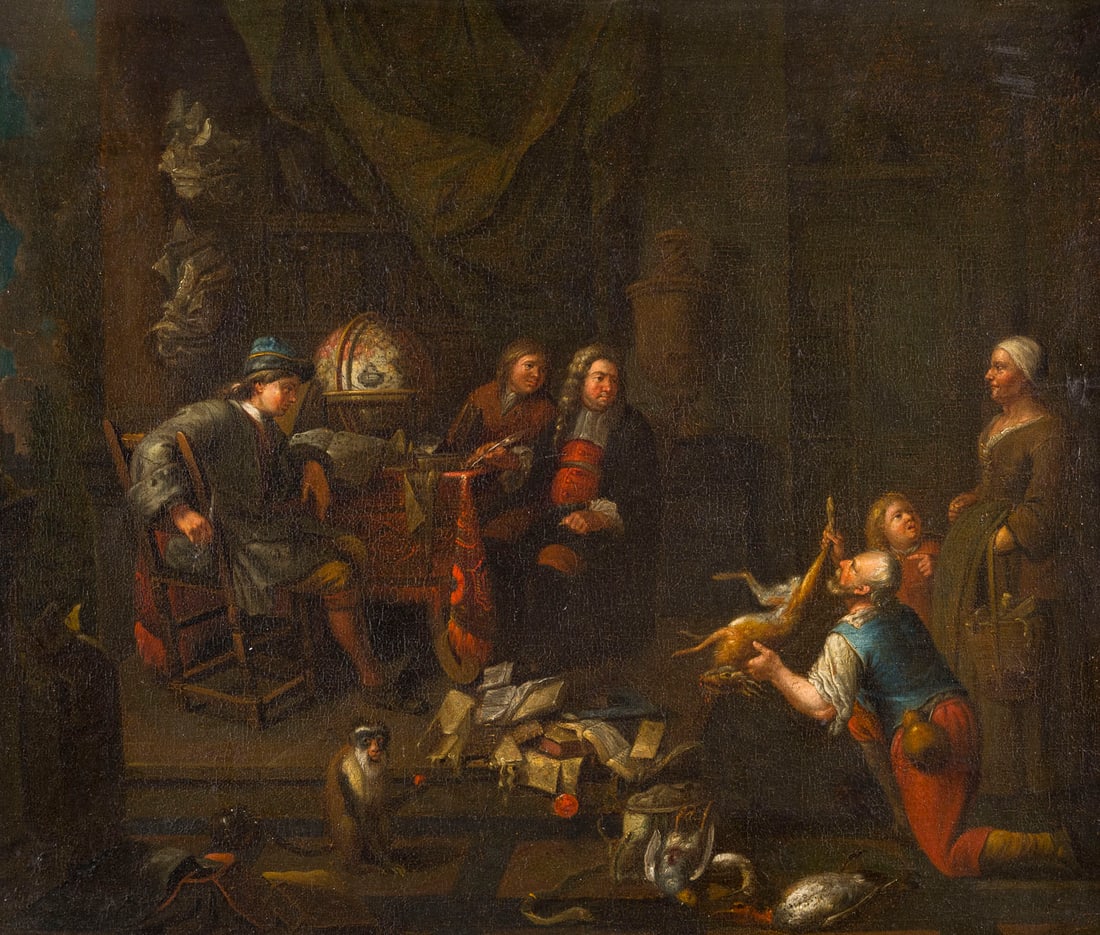 BALTHASAR VAN DEN BOSSCHE (ATTR.) | BEIM ADVOKATEN: ATTRIBUTED TO BALTHASAR VAN DEN BOSSCHE 1681 Antwerp - 1715 ibid. AT THE LAWYER'S Oil on canvas. 52.5 x 63.5 cm (F. 66 x 77 cm). Part. min. old rest., part. min. old retouching, soiled surface. Frame.