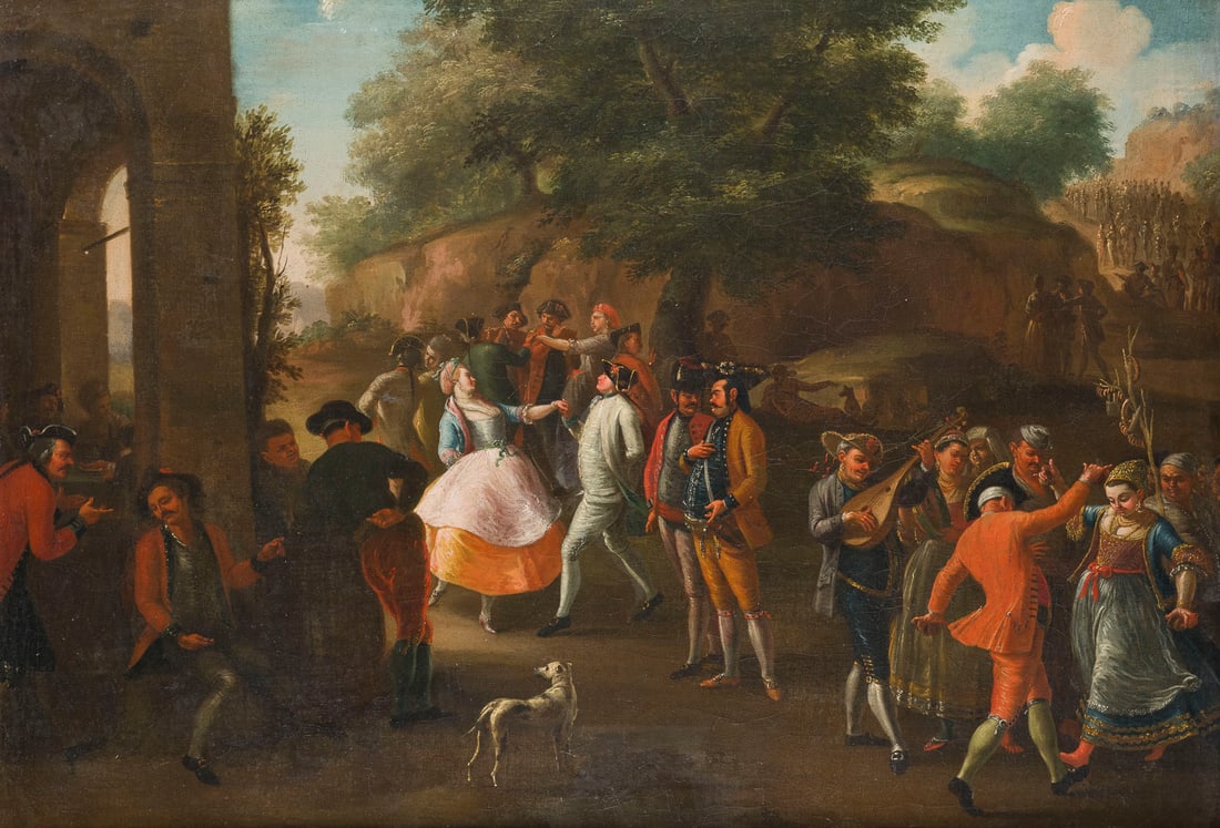 ITALIENISCHE SCHULE DES 18. JH. | FESTLICHE DORFGESELLSCHAFT BEIM TANZ: ITALIAN SCHOOL, 18TH CENTURY FESTIVE VILLAGE GATHERING WITH DANCING Oil on canvas (old relined). 72.5 x 102 cm (F. 81.5 x 111 cm). Part. light old rest., part. min. old retouching. Frame. Provenance: 