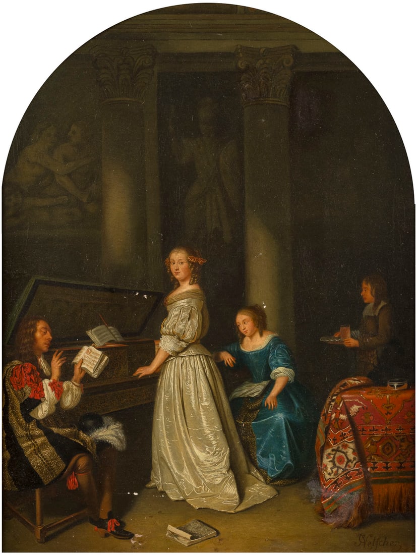CASPAR NETSCHER (NACHFOLGER DES 19. JH.) | LIED MIT CEMBALOBEGLEITUNG: CASPAR NETSCHER (FOLLOWER OF THE 19TH CENTURY) 1639 Heidelberg - 1684 The Hague SONG WITH HARPSICHORD ACCOMPANIMENT Oil on canvas. 62 x 47.5 cm (F. 75.5 x 61.5 cm). Signed lower right C. Netscher, lig