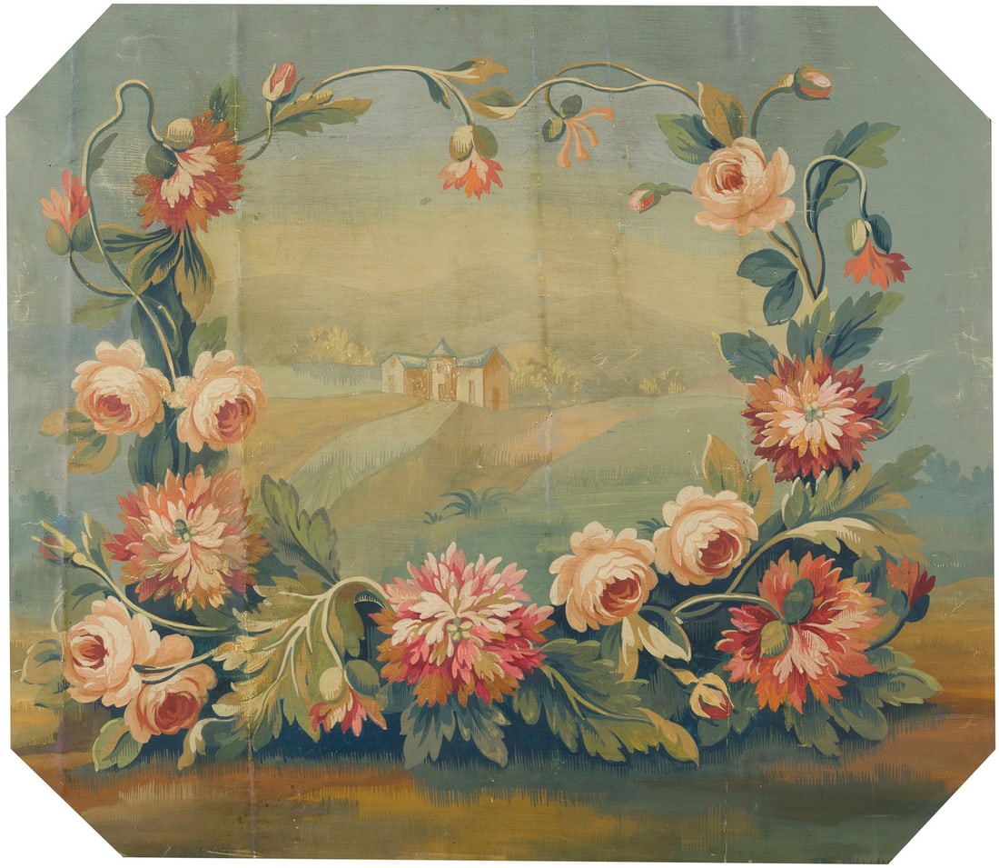 FRANZOeSISCHE SCHULE DES 18. JH. | EIN PAAR BOISERIE-GEMAeLDE MIT BLUMENKARTUSCHEN VOR IDEALISIERTEN: FRENCH SCHOOL OF THE 18TH CENTURY A PAIR OF BOISERIE PAINTINGS WITH FLORAL CARTOUCHES BEFORE IDEALIZED LANDSCAPES (OCTAGONAL) Tempera on paper laid on wood. Visible size: 66.5 x 76 cm, frame size: 71 